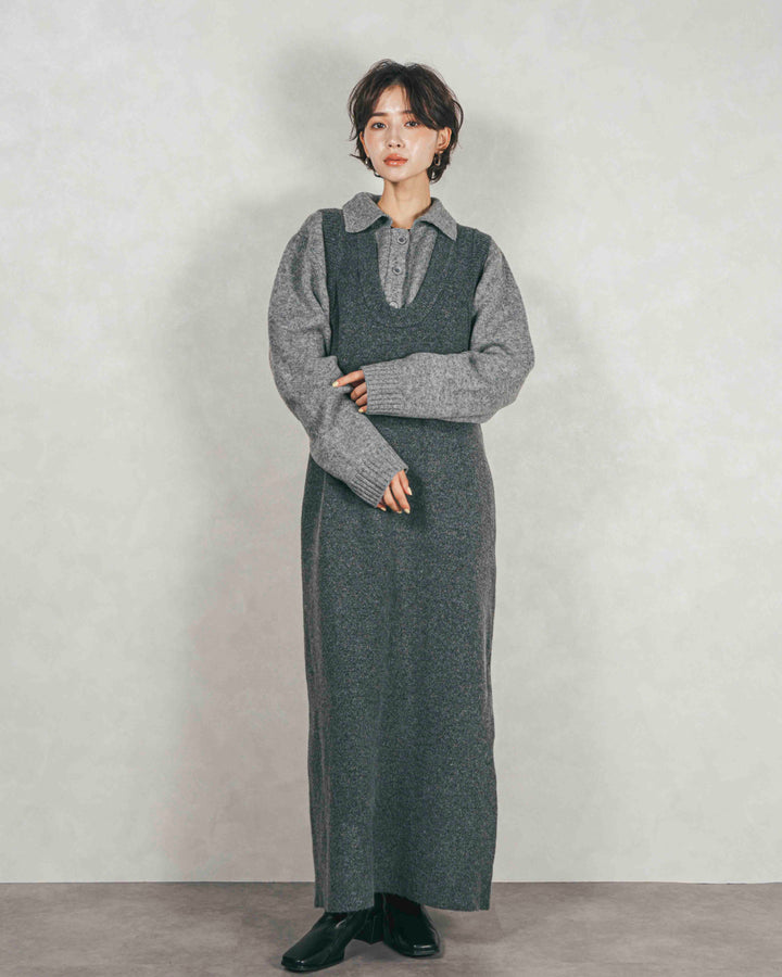 ［SET］プードルボアZipショートコート+メランジKnitロングワンピース（2SET）