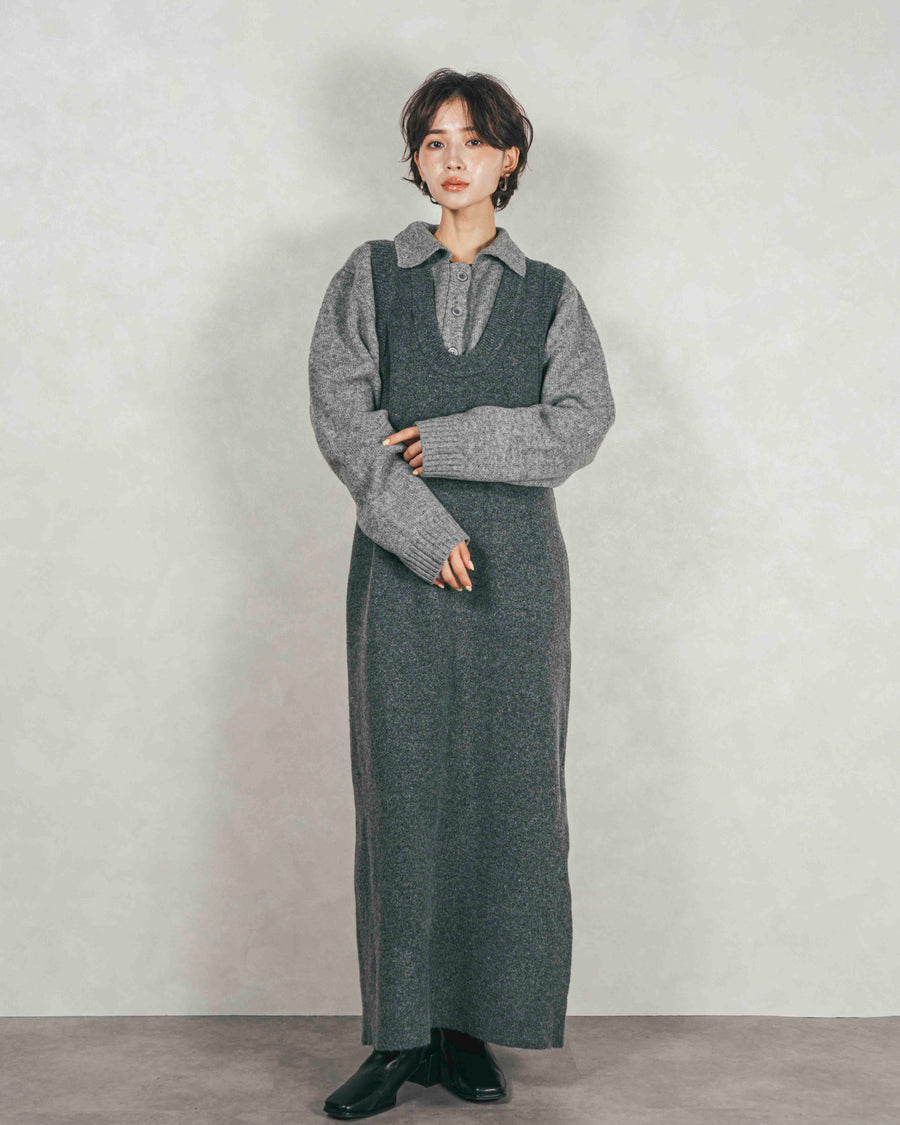 ［SET］プードルボアZipショートコート+メランジKnitロングワンピース（2SET）