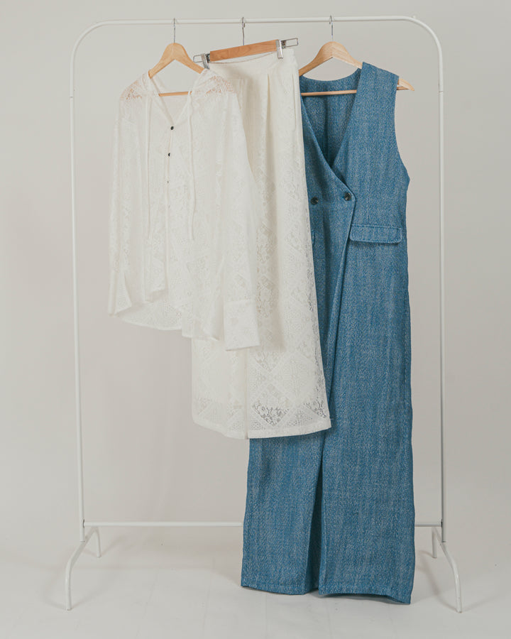 ［SET］Blockレース　フーディーブラウス + Blockレース　ストレートパンツ + デニムライク へリンボーンサロペット（3SET）
