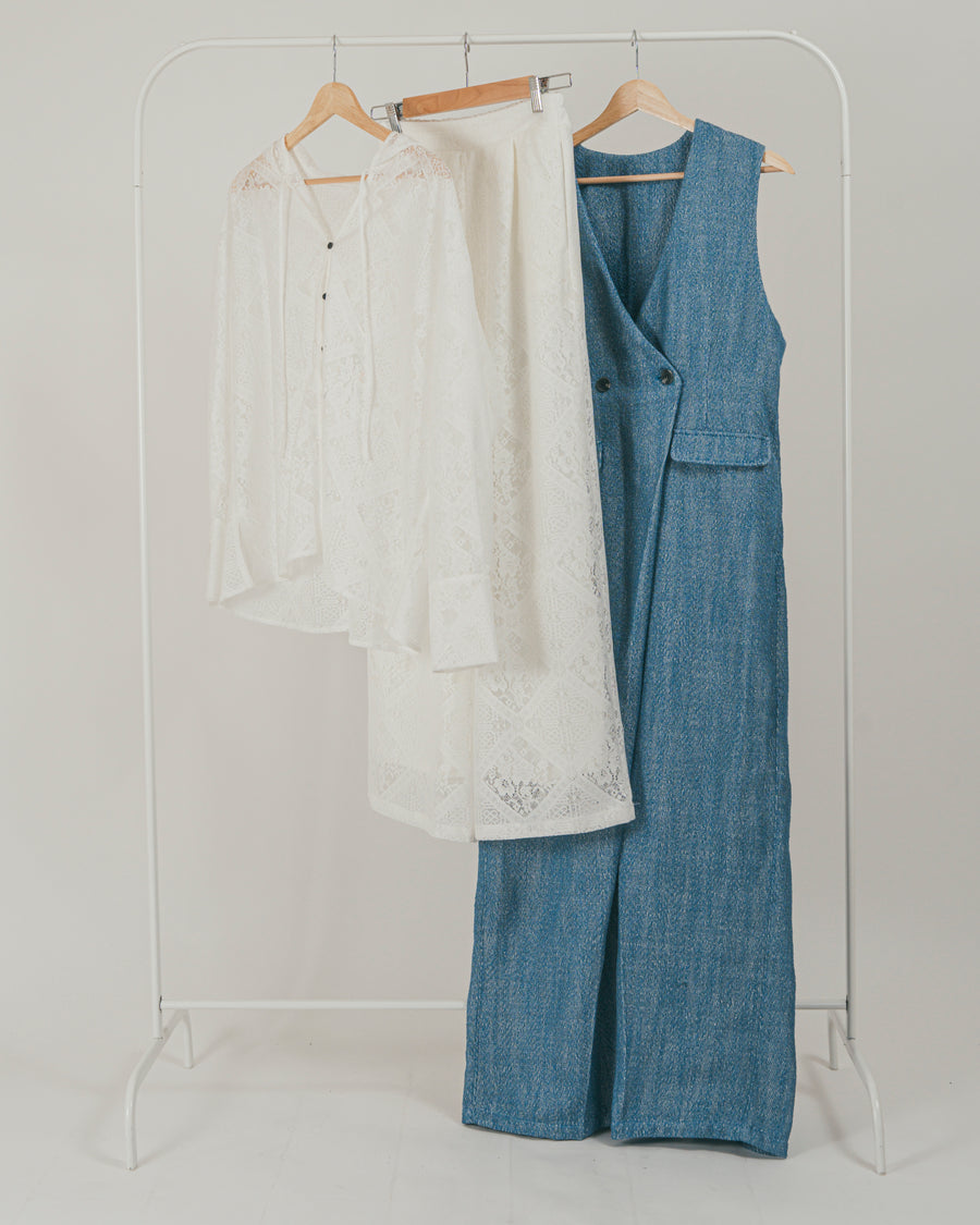 ［SET］Blockレース　フーディーブラウス + Blockレース　ストレートパンツ + デニムライク へリンボーンサロペット（3SET）