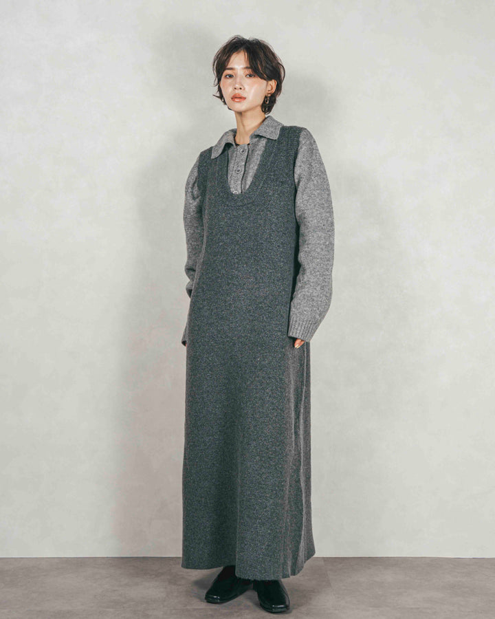 ［SET］プードルボアZipショートコート+メランジKnitロングワンピース（2SET）