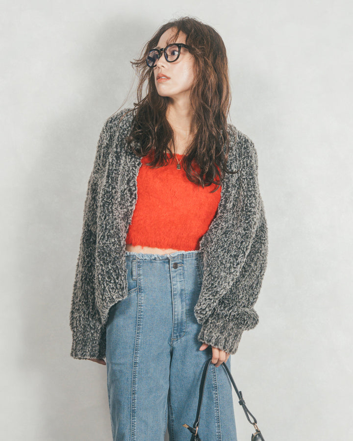 ［SET］ファーニットLuxeカーデコート+センターシーム リラックスワイドデニム（2SET）