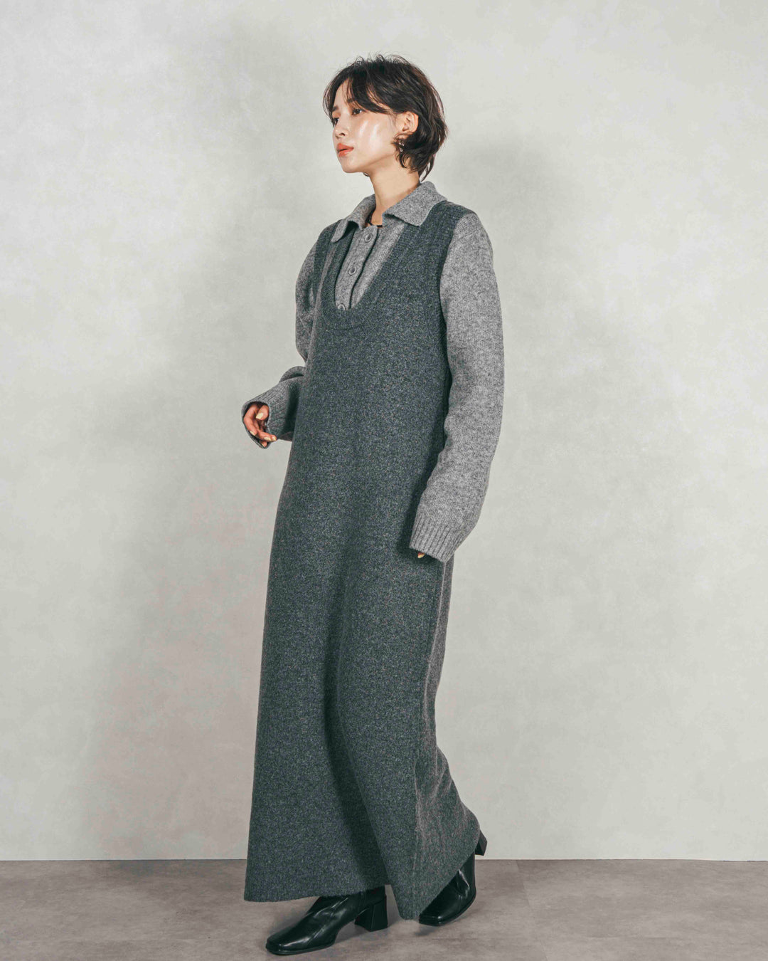 メランジKnitロングワンピース (CHARCOAL GRAY)
