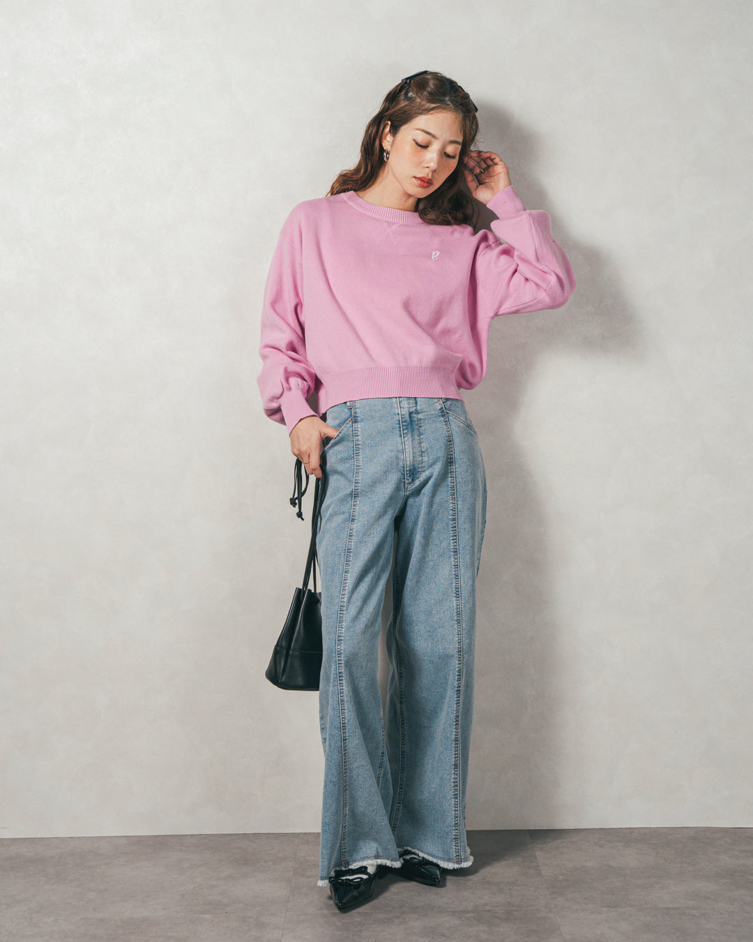 スウェットライクロゴ刺繍ニット (PINK)