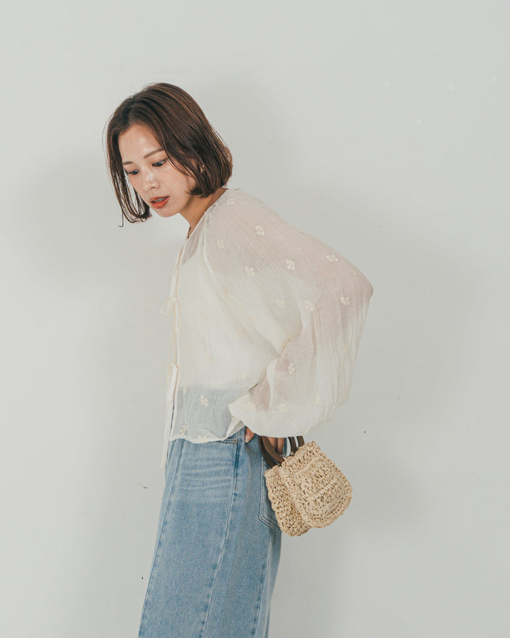 ［SET］フロントリボン刺繍 Veilブラウス + 10oz ニュアンスバイカラー リラックスワイドデニム（2SET）