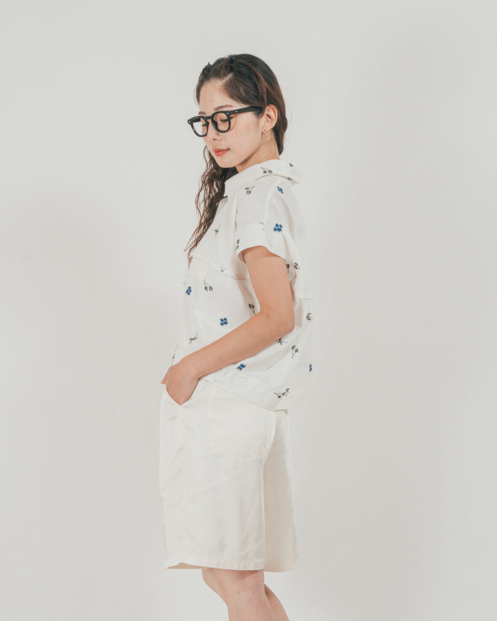 ［SET］Flower刺繍コクーンシャツ + Vintageサテン　ハーフパンツ（2SET）