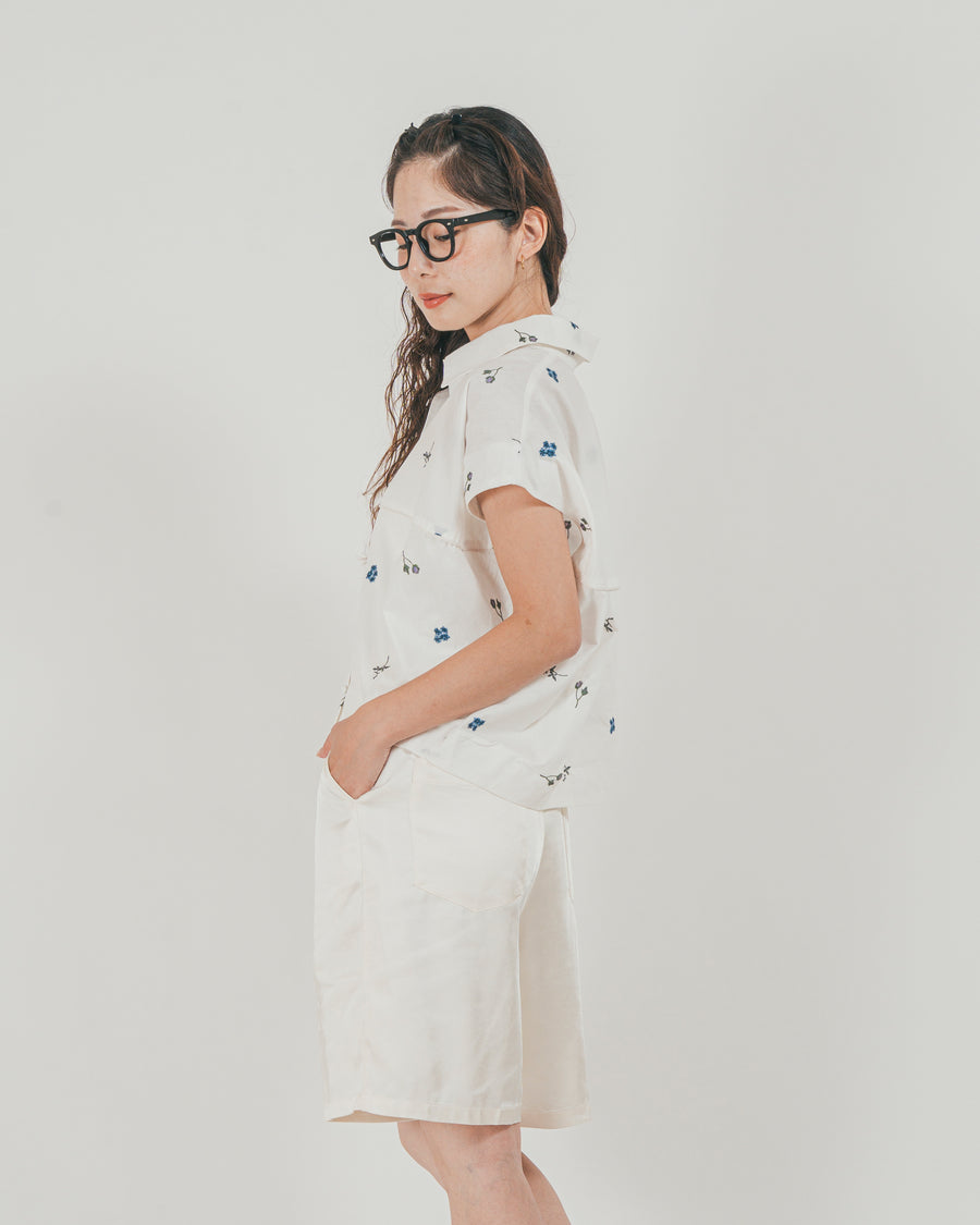 ［SET］Flower刺繍コクーンシャツ + Vintageサテン　ハーフパンツ（2SET）