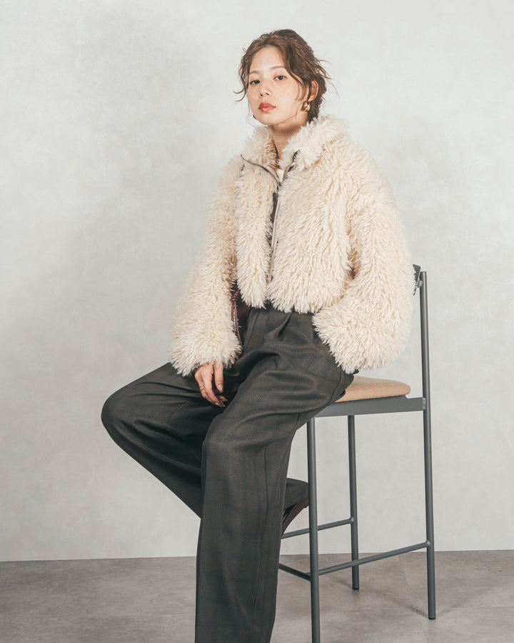 ［SET］プードルボアZipショートコート+メランジチェックStraightパンツ（2SET）