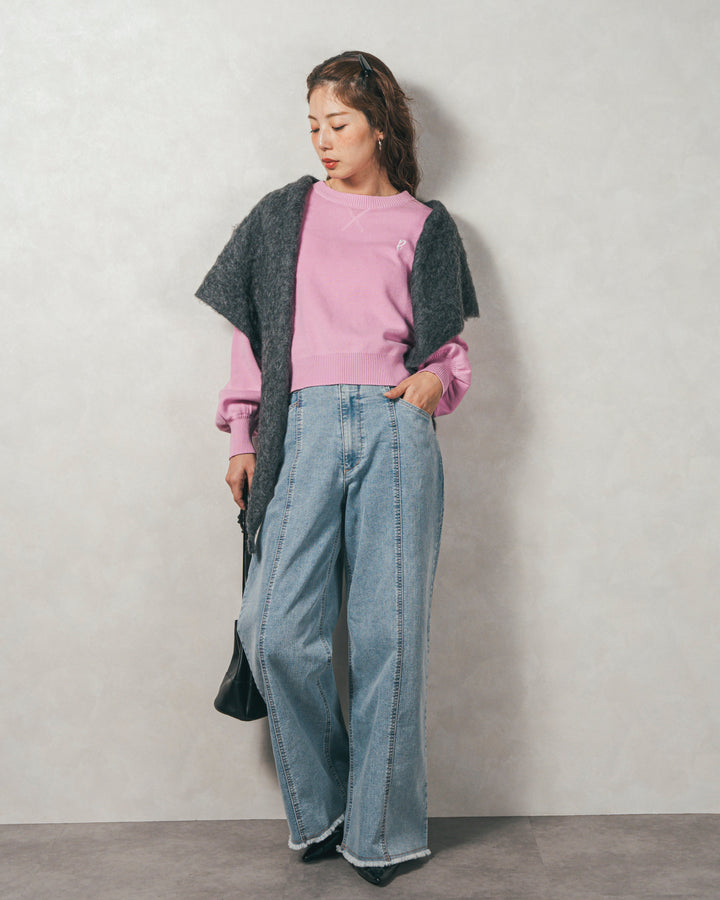 ［SET］スウェットライクロゴ刺繍ニット+センターシーム リラックスカラーデニム（2SET）