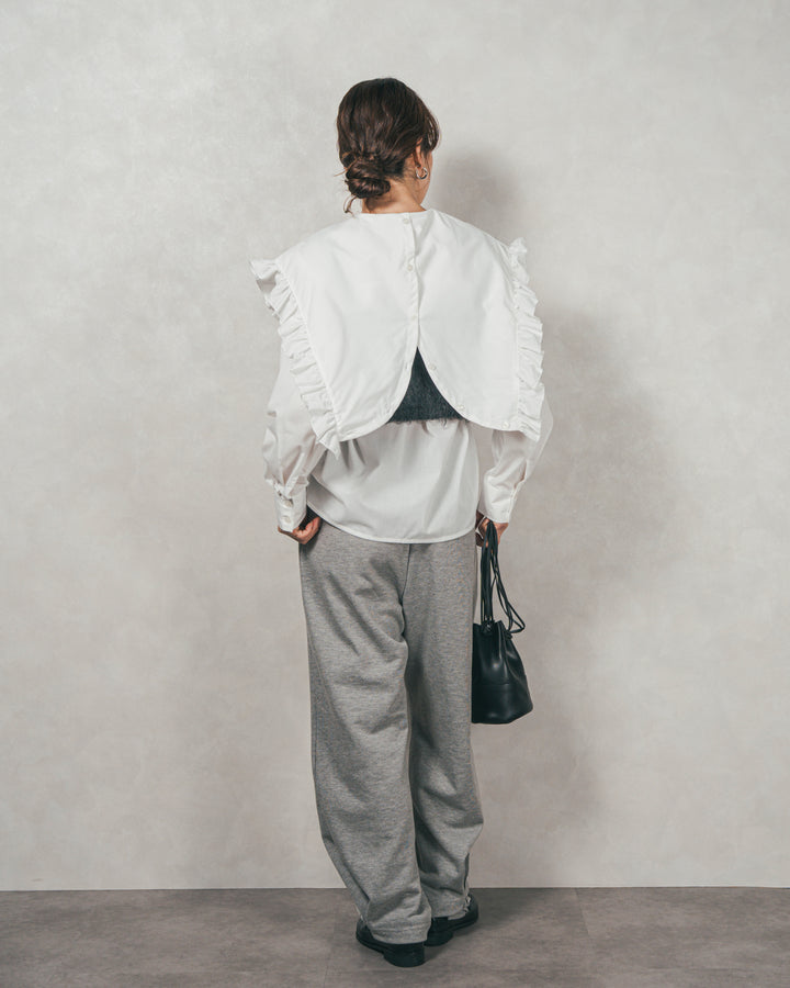 ［SET］2WAYビッグフリルカラーブラウス+モヘアタッチKnitビスチェ+2-Way ウェーブデザインスウェットパンツ（3SET）