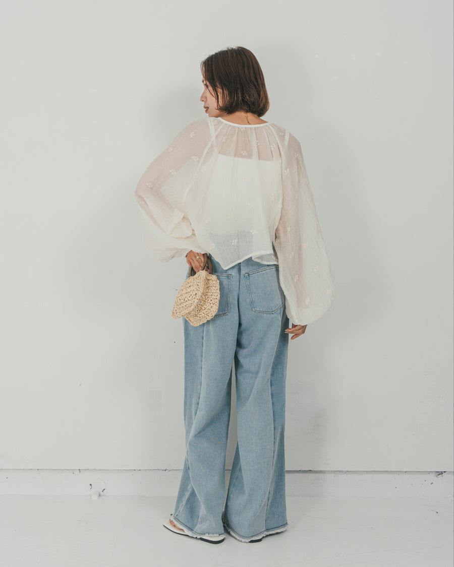 ［SET］フロントリボン刺繍 Veilブラウス + 10oz ニュアンスバイカラー リラックスワイドデニム（2SET）
