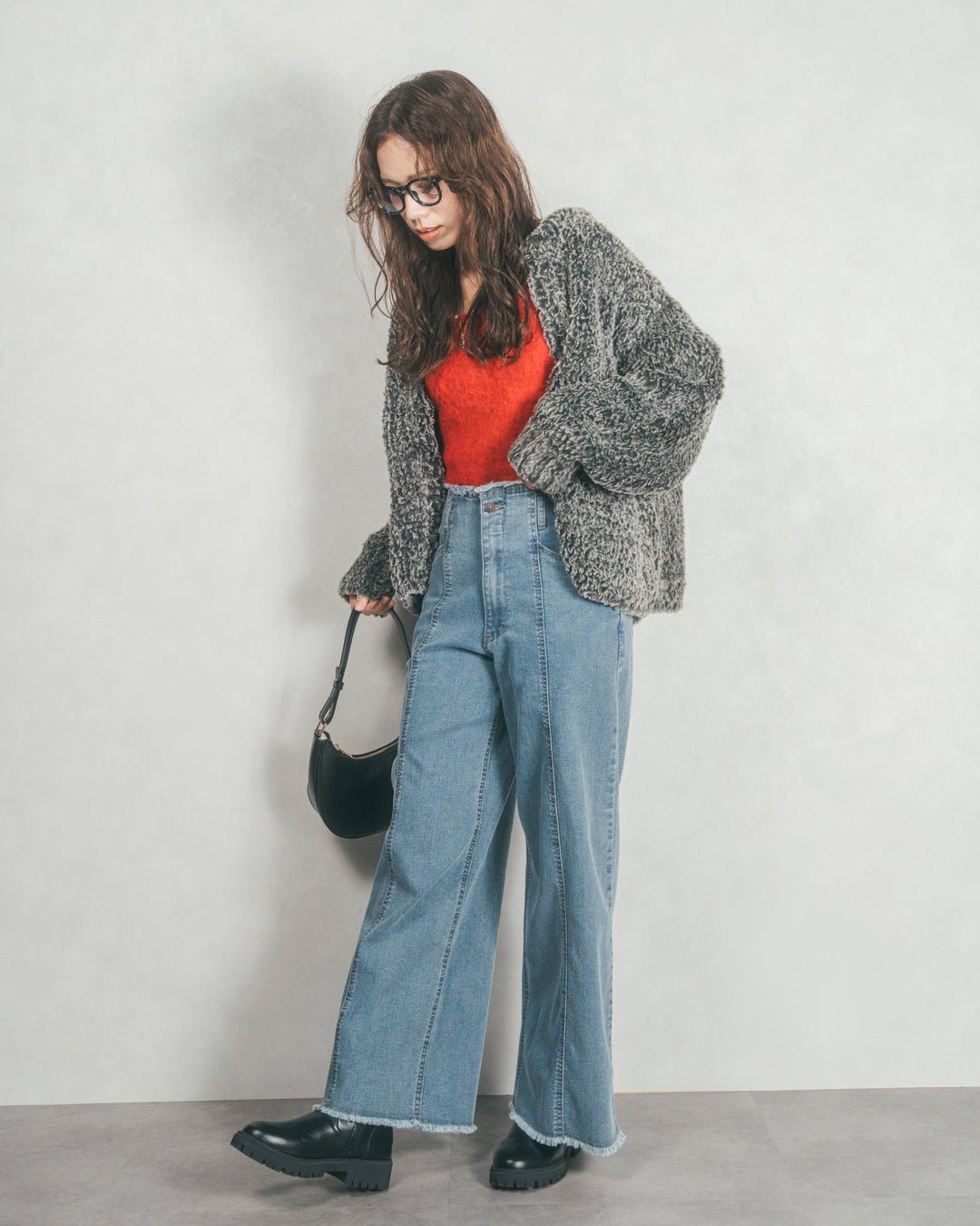 ［SET］ファーニットLuxeカーデコート+センターシーム リラックスワイドデニム（2SET）