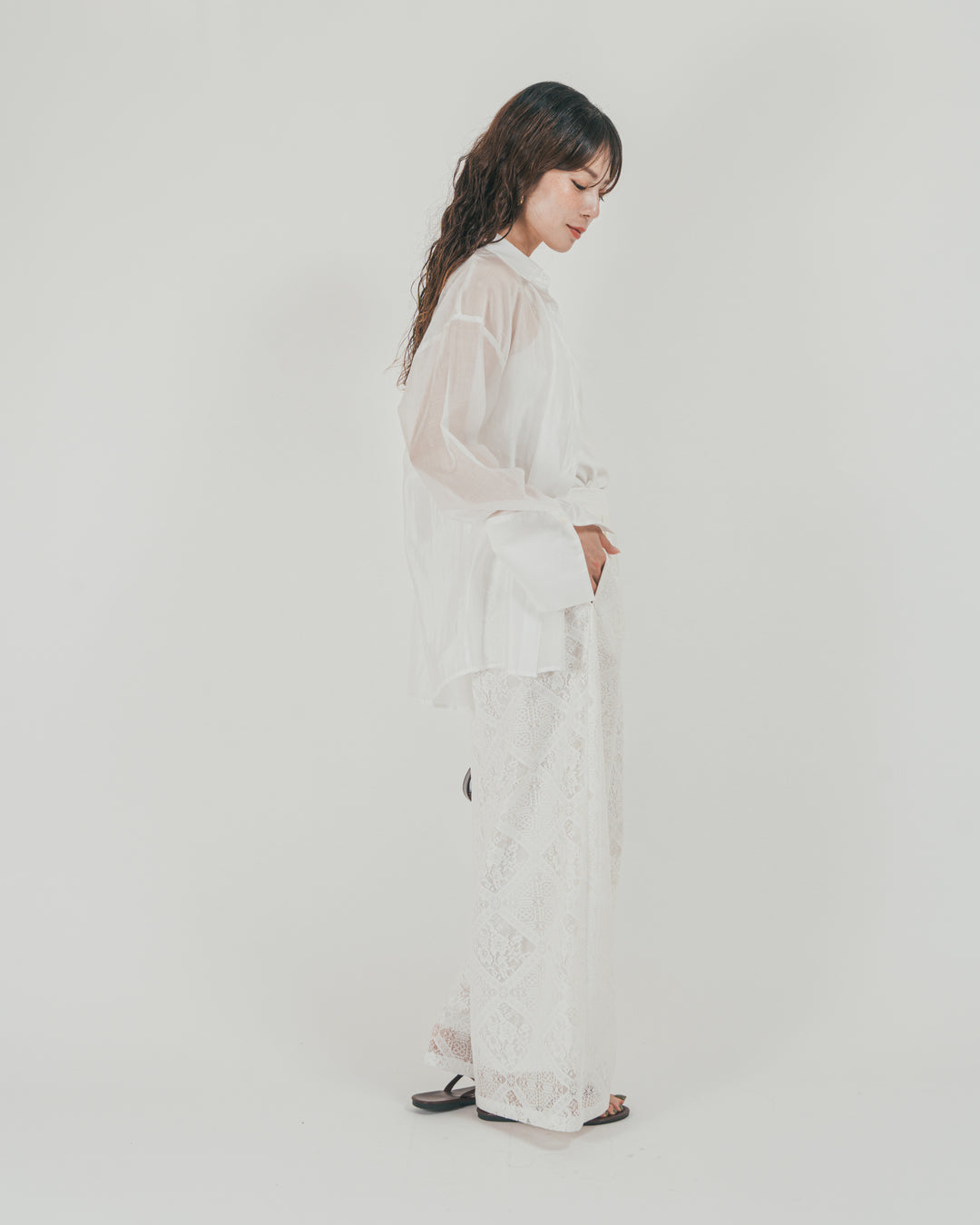［SET］Clear Sheer オーバーシャツ + Blockレース　ストレートパンツ（2SET）