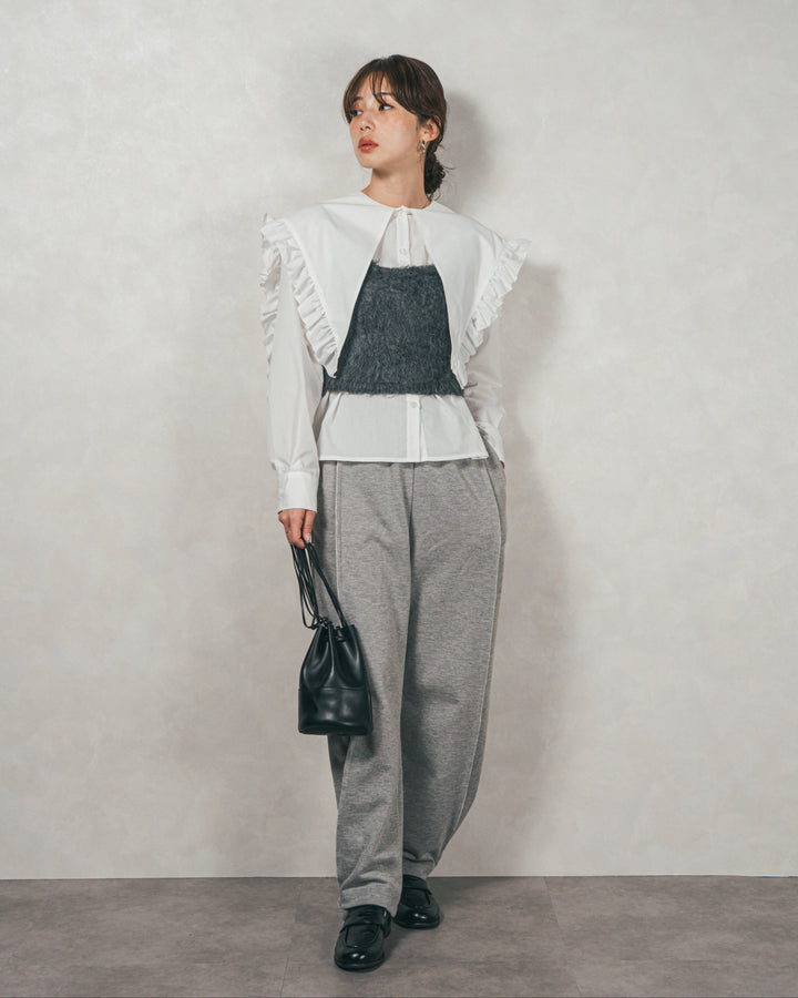 ［SET］2WAYビッグフリルカラーブラウス+モヘアタッチKnitビスチェ+2-Way ウェーブデザインスウェットパンツ（3SET）