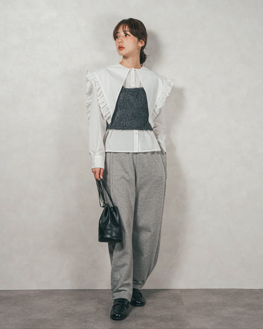 ［SET］2WAYビッグフリルカラーブラウス+モヘアタッチKnitビスチェ+2-Way ウェーブデザインスウェットパンツ（3SET）