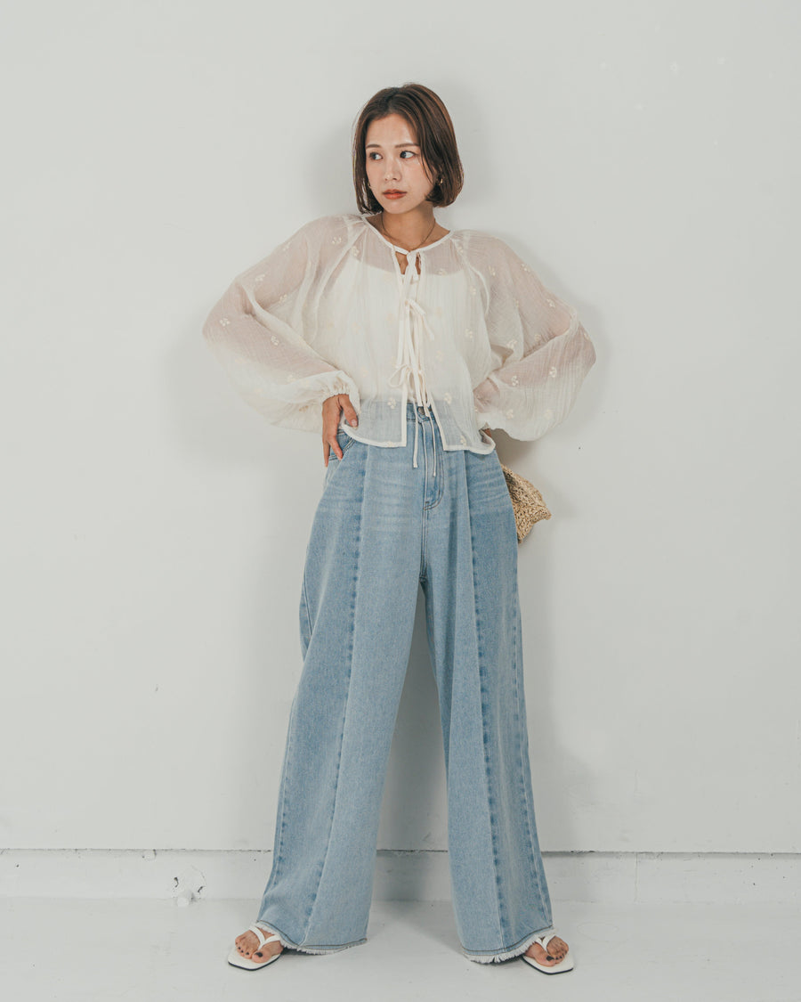 ［SET］フロントリボン刺繍 Veilブラウス + 10oz ニュアンスバイカラー リラックスワイドデニム（2SET）