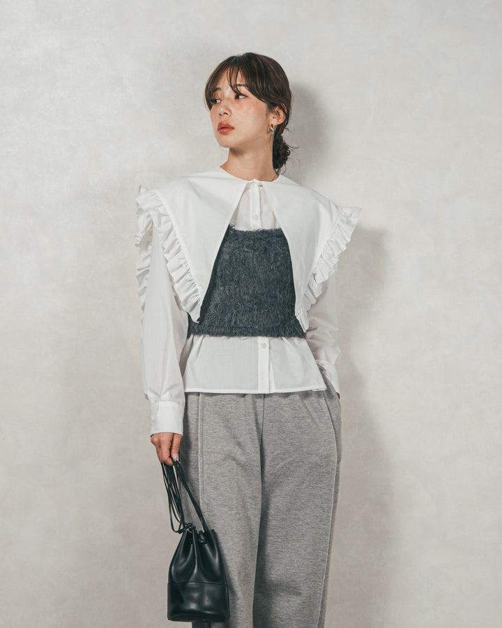 ［SET］2WAYビッグフリルカラーブラウス+モヘアタッチKnitビスチェ+2-Way ウェーブデザインスウェットパンツ（3SET）