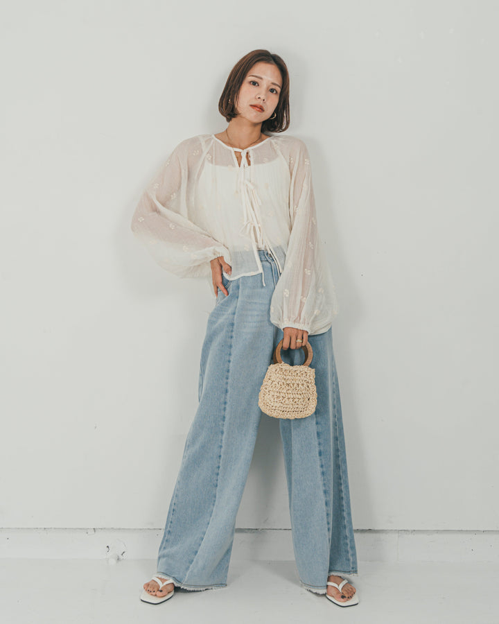 ［SET］フロントリボン刺繍 Veilブラウス + 10oz ニュアンスバイカラー リラックスワイドデニム（2SET）