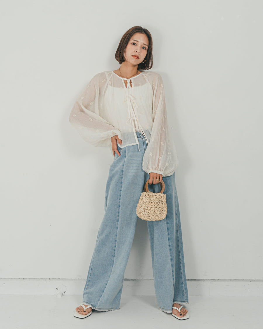 ［SET］フロントリボン刺繍 Veilブラウス + 10oz ニュアンスバイカラー リラックスワイドデニム（2SET）