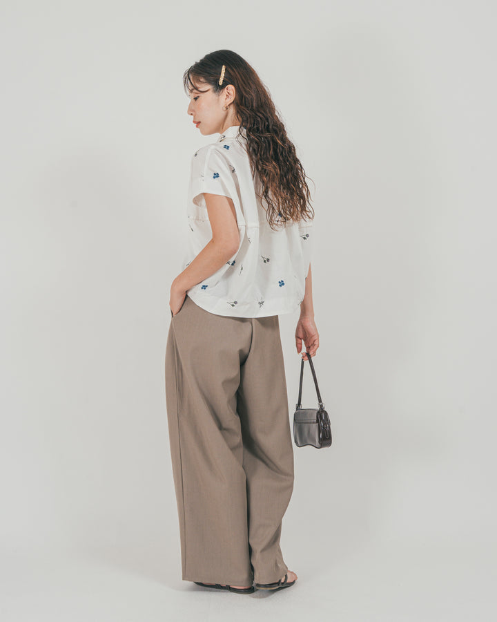［SET］Flower刺繍コクーンシャツ + ダブルタック ハイウエストワイドパンツ（2SET）