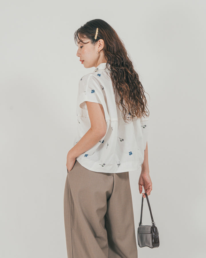 ［SET］Flower刺繍コクーンシャツ + ダブルタック ハイウエストワイドパンツ（2SET）