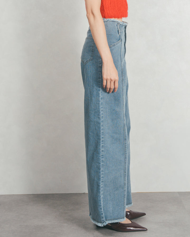 ［SET］Cloudyメランジ襟付きカーディガン+Cloudyメランジクロップドベスト+センターシーム リラックスワイドデニム（3SET）