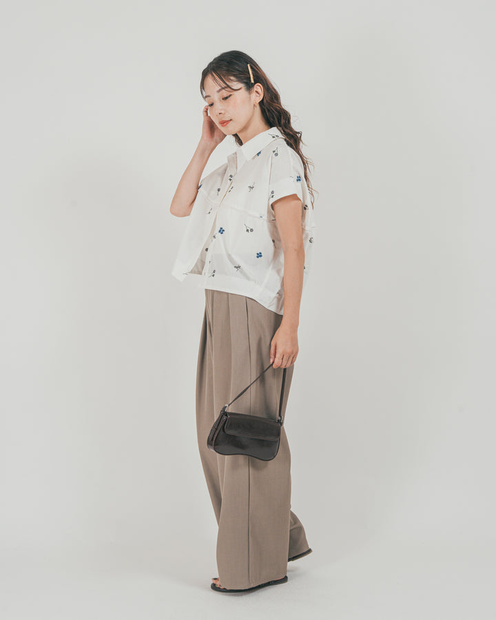 ［SET］Flower刺繍コクーンシャツ + ダブルタック ハイウエストワイドパンツ（2SET）