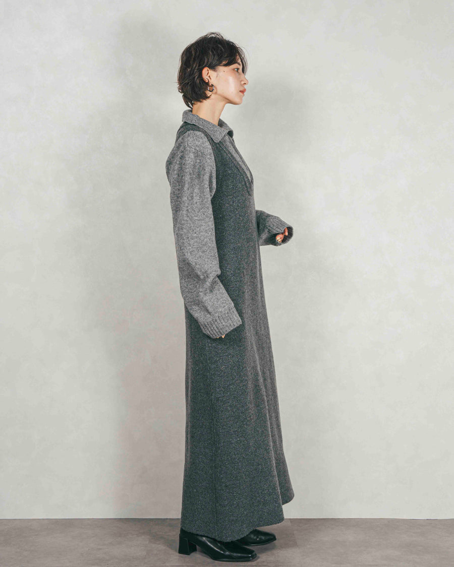 ［SET］プードルボアZipショートコート+メランジKnitロングワンピース（2SET）