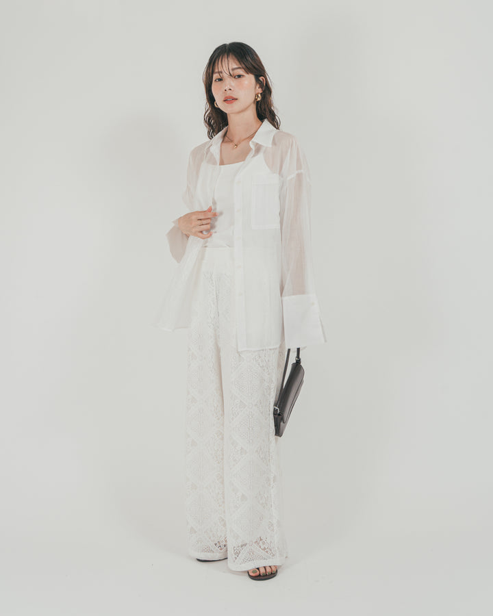 ［SET］Clear Sheer オーバーシャツ + Blockレース　ストレートパンツ（2SET）