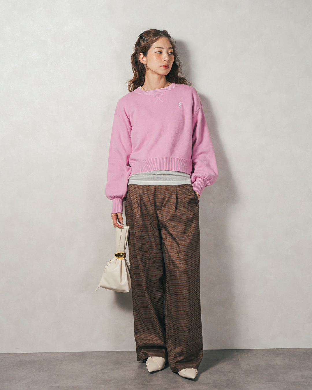 ［SET］スウェットライクロゴ刺繍ニット+Effortless チェックジャケット+Effortless チェックタックパンツ（3SET）