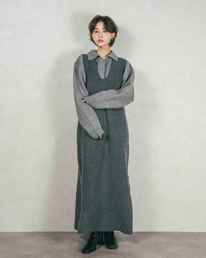 メランジKnitロングワンピース (CHARCOAL GRAY)
