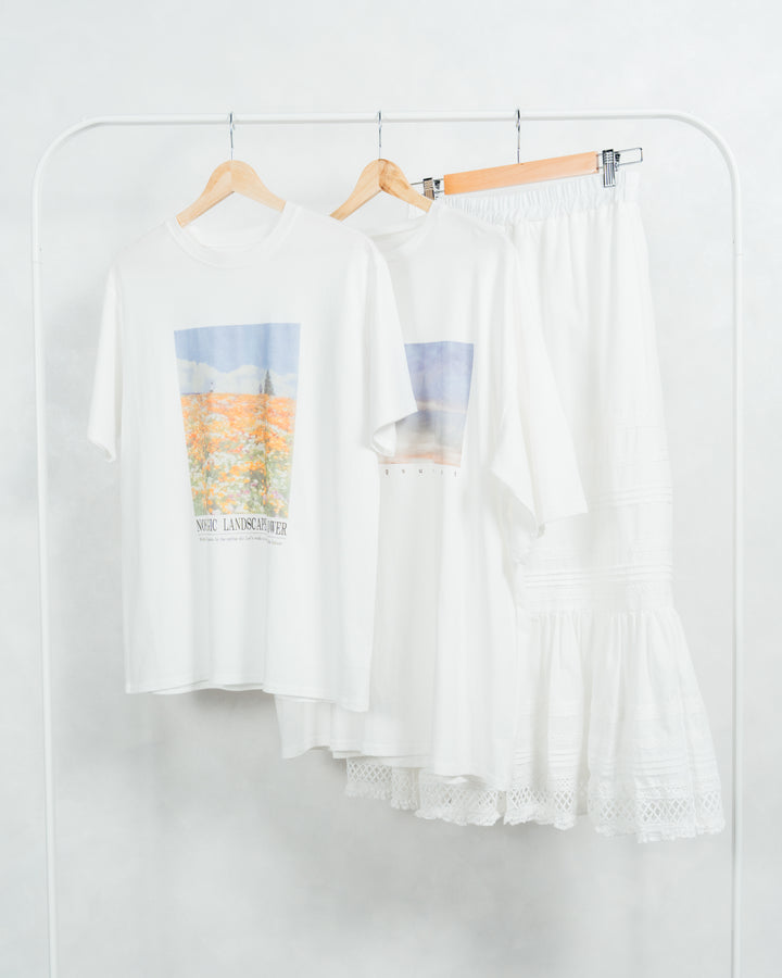 ［SET］フラワーグラフィックT+サンセットグラフィックT+T/C ティアードスカート（3SET）