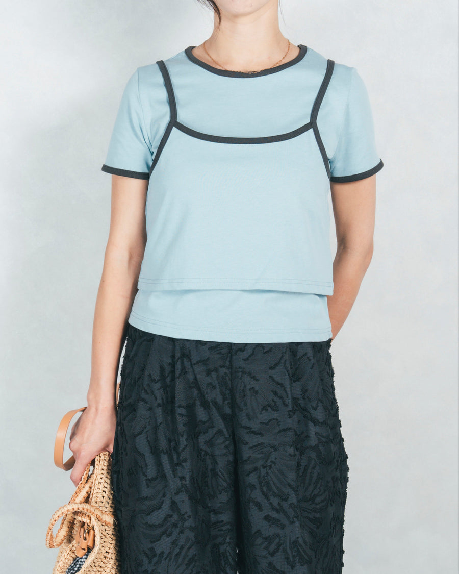 ［SET］キャミ付きリンガーTシャツ+フリンジジャガードリラックスパンツ（2SET）