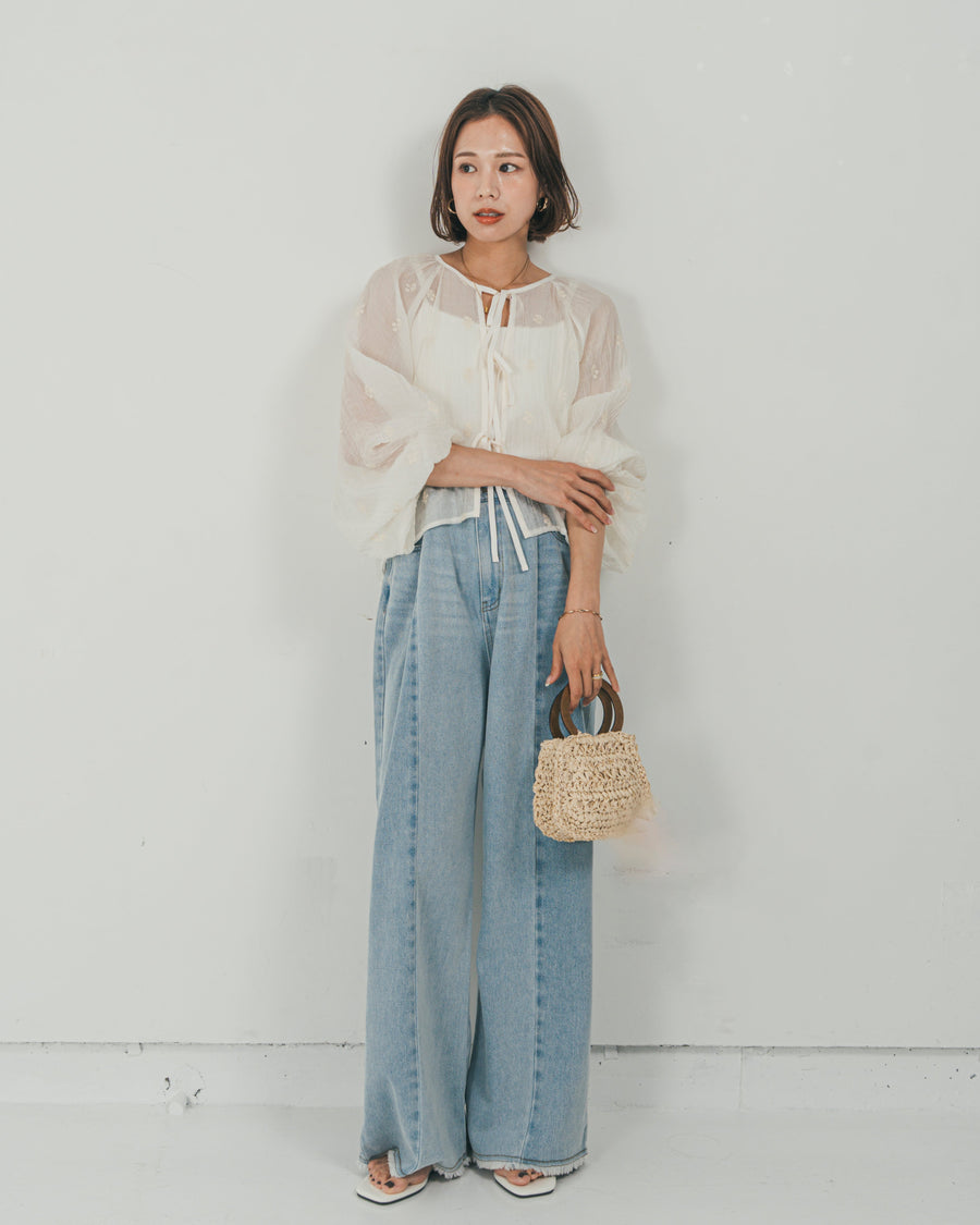 ［SET］フロントリボン刺繍 Veilブラウス + 10oz ニュアンスバイカラー リラックスワイドデニム（2SET）