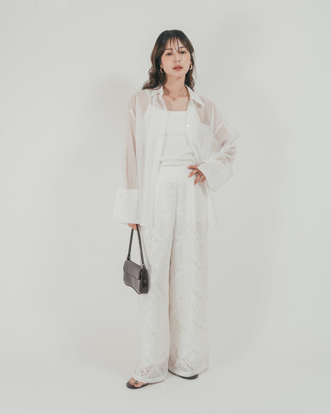 ［SET］Clear Sheer オーバーシャツ + Blockレース　ストレートパンツ（2SET）
