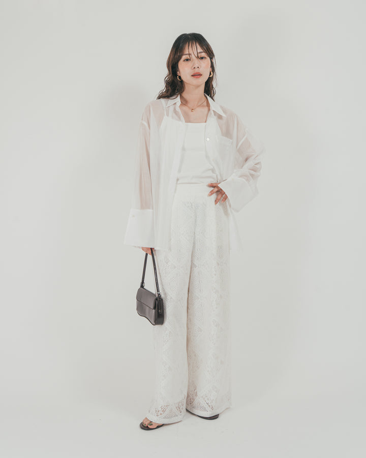 ［SET］Clear Sheer オーバーシャツ + Blockレース　ストレートパンツ（2SET）