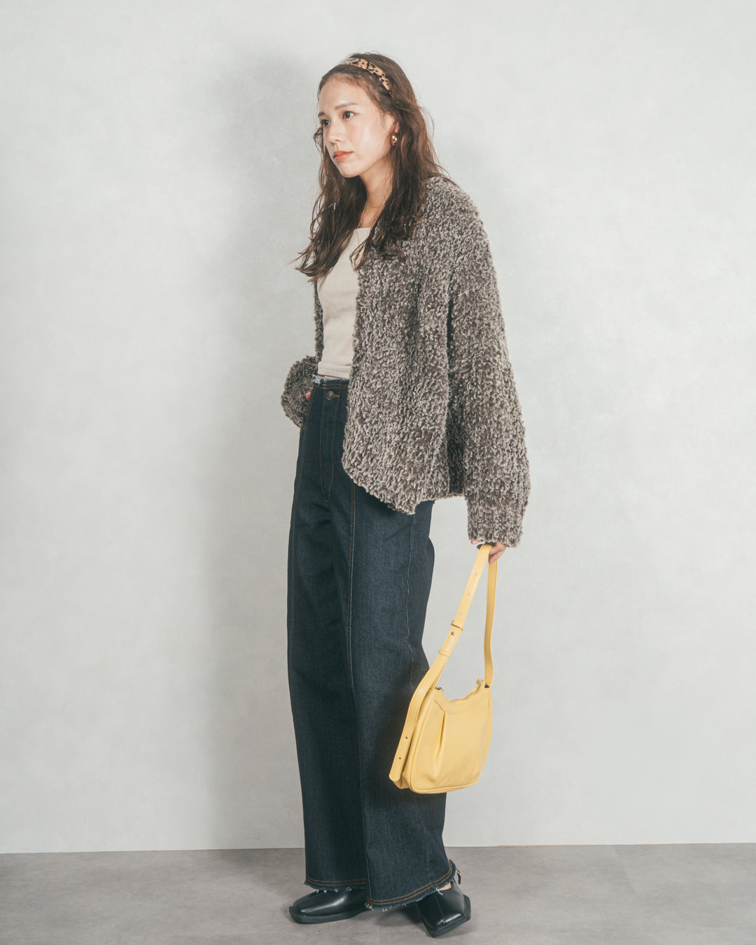 ［SET］ファーニットLuxeカーデコート+センターシーム リラックスワイドデニム（2SET）