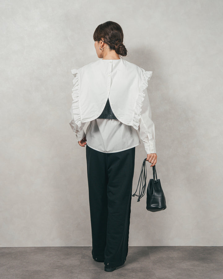 ［SET］2WAYビッグフリルカラーブラウス+モヘアタッチKnitビスチェ+2-Way ウェーブデザインスウェットパンツ（3SET）