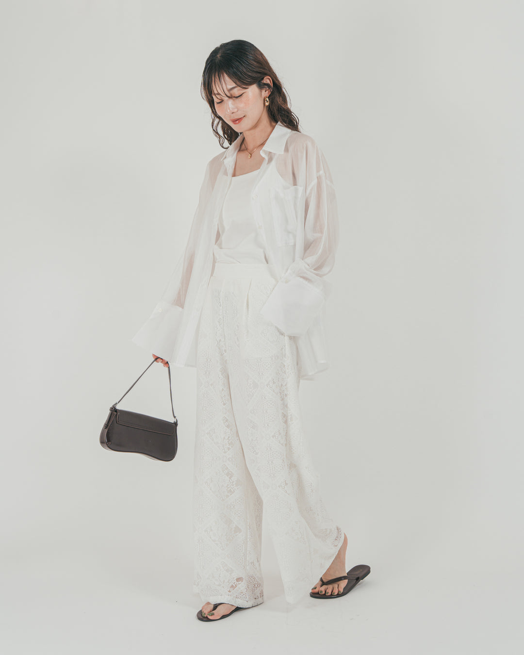［SET］Clear Sheer オーバーシャツ + Blockレース　ストレートパンツ（2SET）
