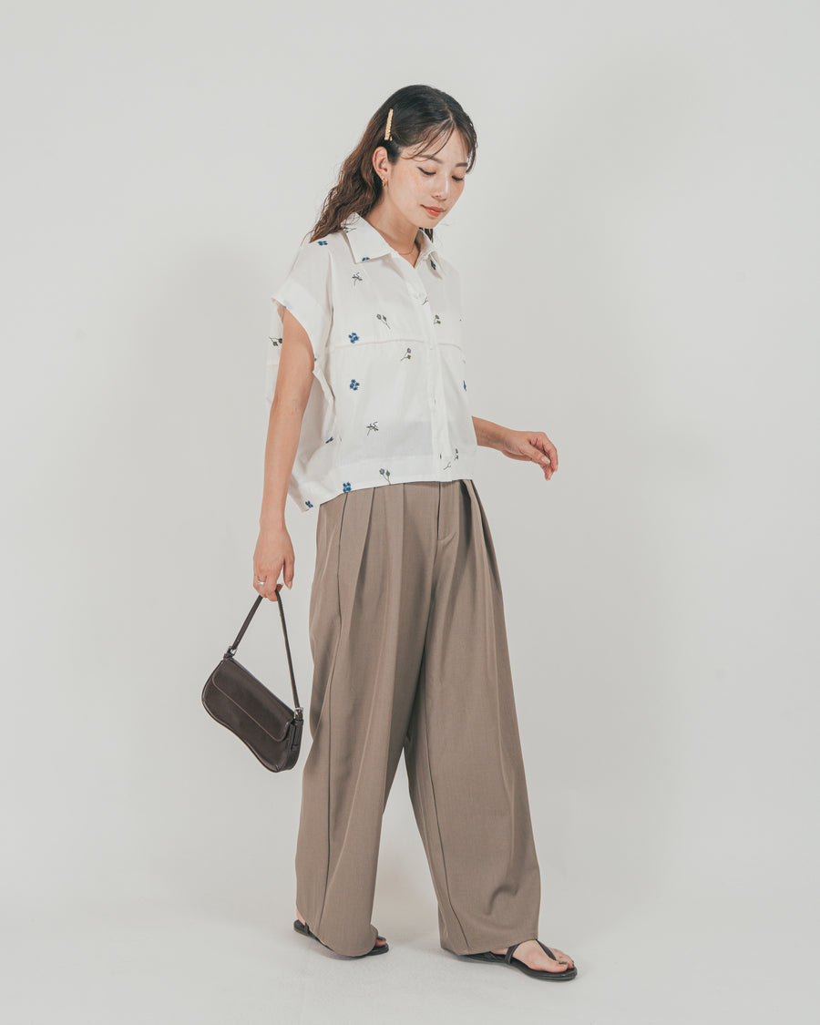 ［SET］Flower刺繍コクーンシャツ + ダブルタック ハイウエストワイドパンツ（2SET）