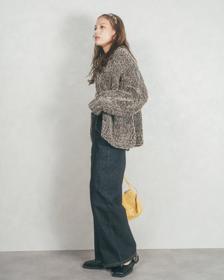 ［SET］ファーニットLuxeカーデコート+センターシーム リラックスワイドデニム（2SET）