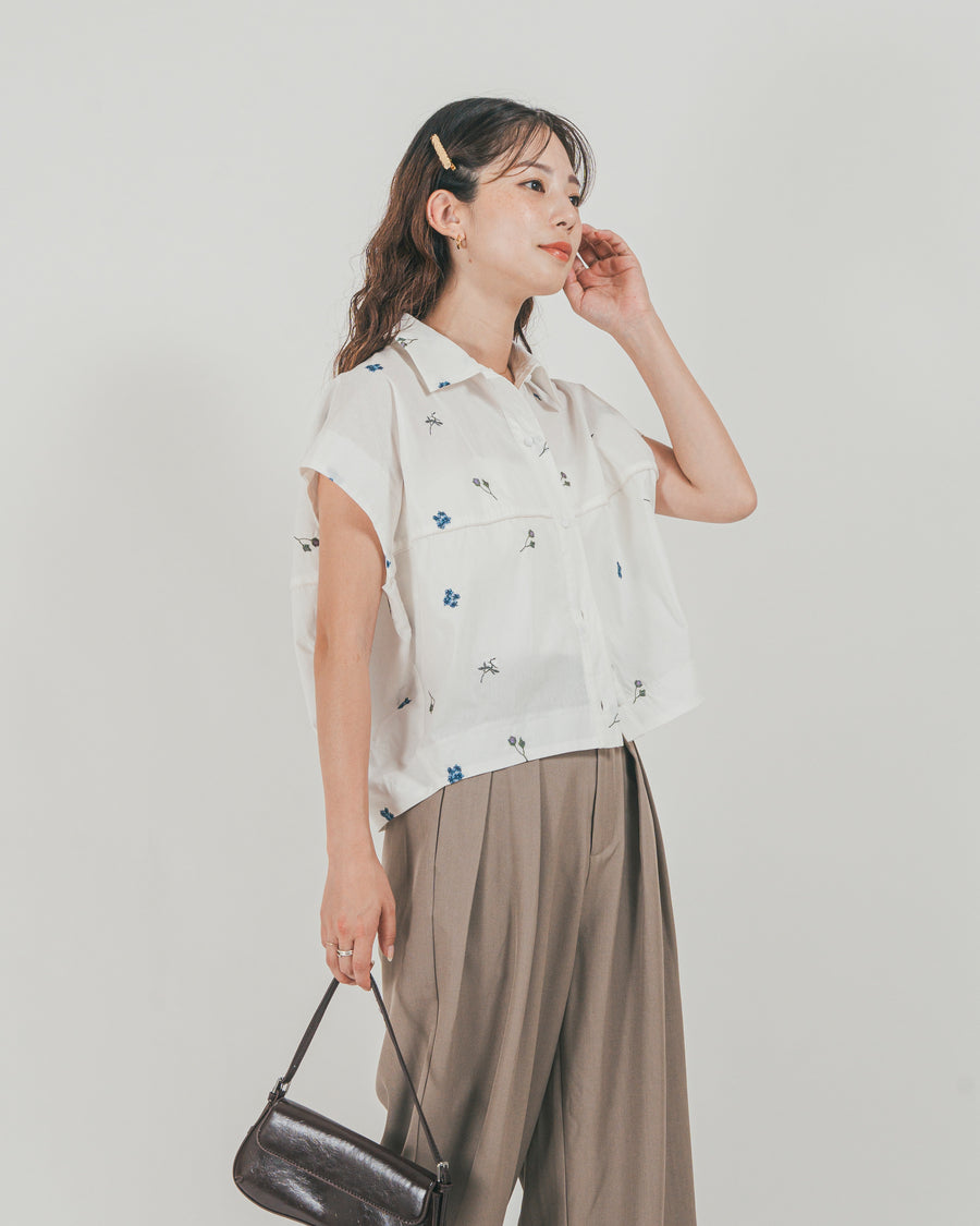 ［SET］Flower刺繍コクーンシャツ + ダブルタック ハイウエストワイドパンツ（2SET）