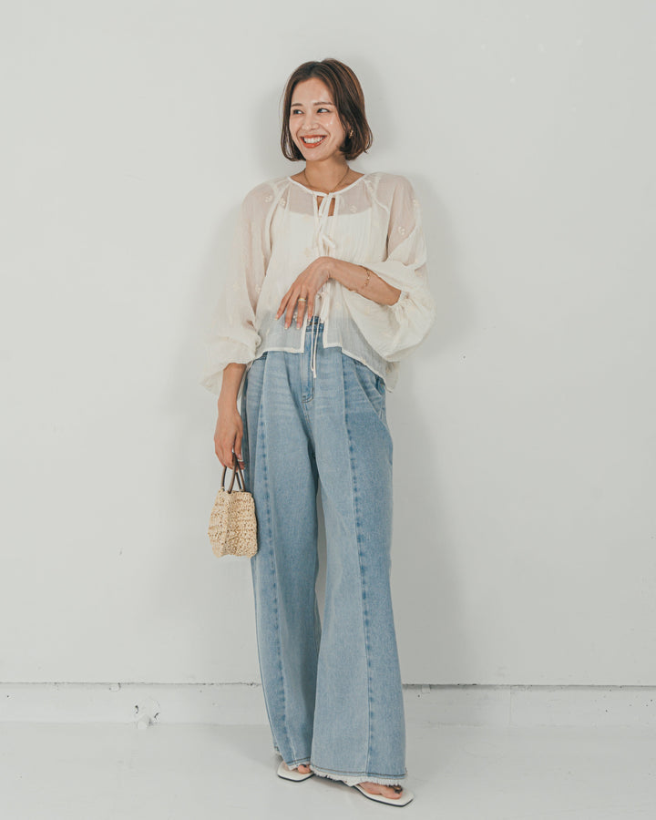 ［SET］フロントリボン刺繍 Veilブラウス + 10oz ニュアンスバイカラー リラックスワイドデニム（2SET）