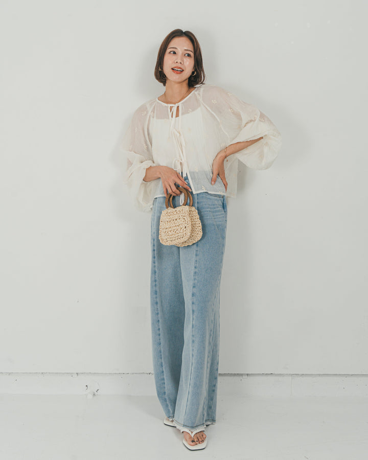 ［SET］フロントリボン刺繍 Veilブラウス + 10oz ニュアンスバイカラー リラックスワイドデニム（2SET）