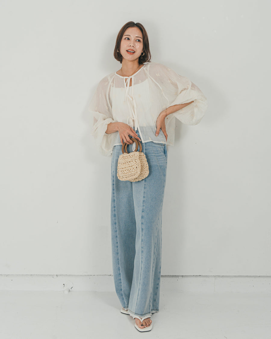 ［SET］フロントリボン刺繍 Veilブラウス + 10oz ニュアンスバイカラー リラックスワイドデニム（2SET）