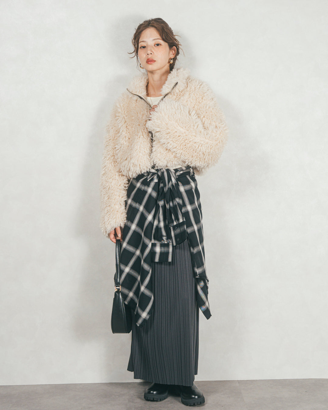 ［SET］プードルボアZipショートコート+プリーツNarrowロングスカート（2SET）