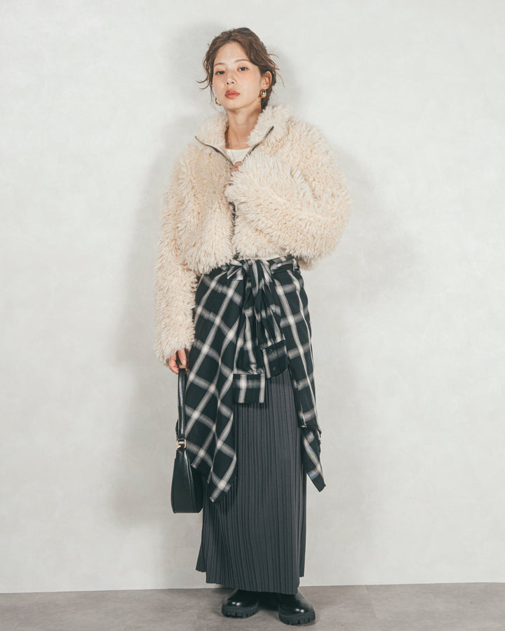 ［SET］プードルボアZipショートコート+プリーツNarrowロングスカート（2SET）