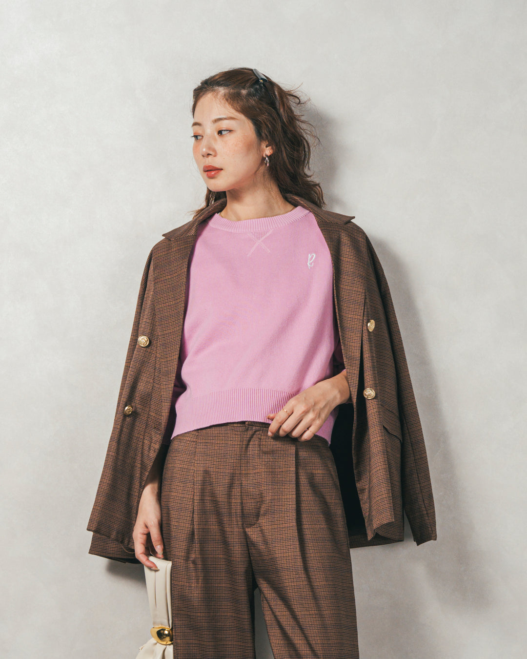 ［SET］スウェットライクロゴ刺繍ニット+Effortless チェックジャケット+Effortless チェックタックパンツ（3SET）