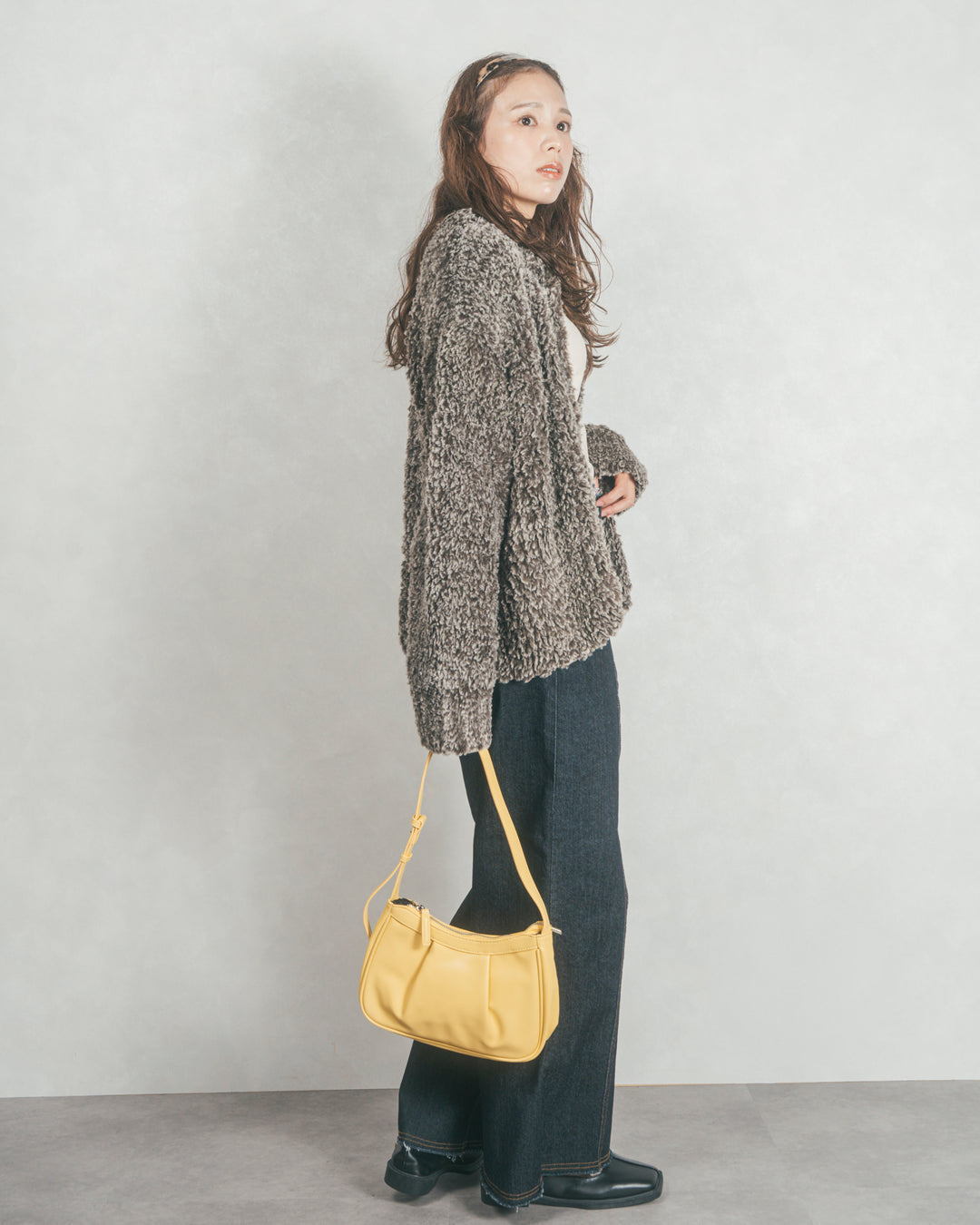 ［SET］ファーニットLuxeカーデコート+センターシーム リラックスワイドデニム（2SET）