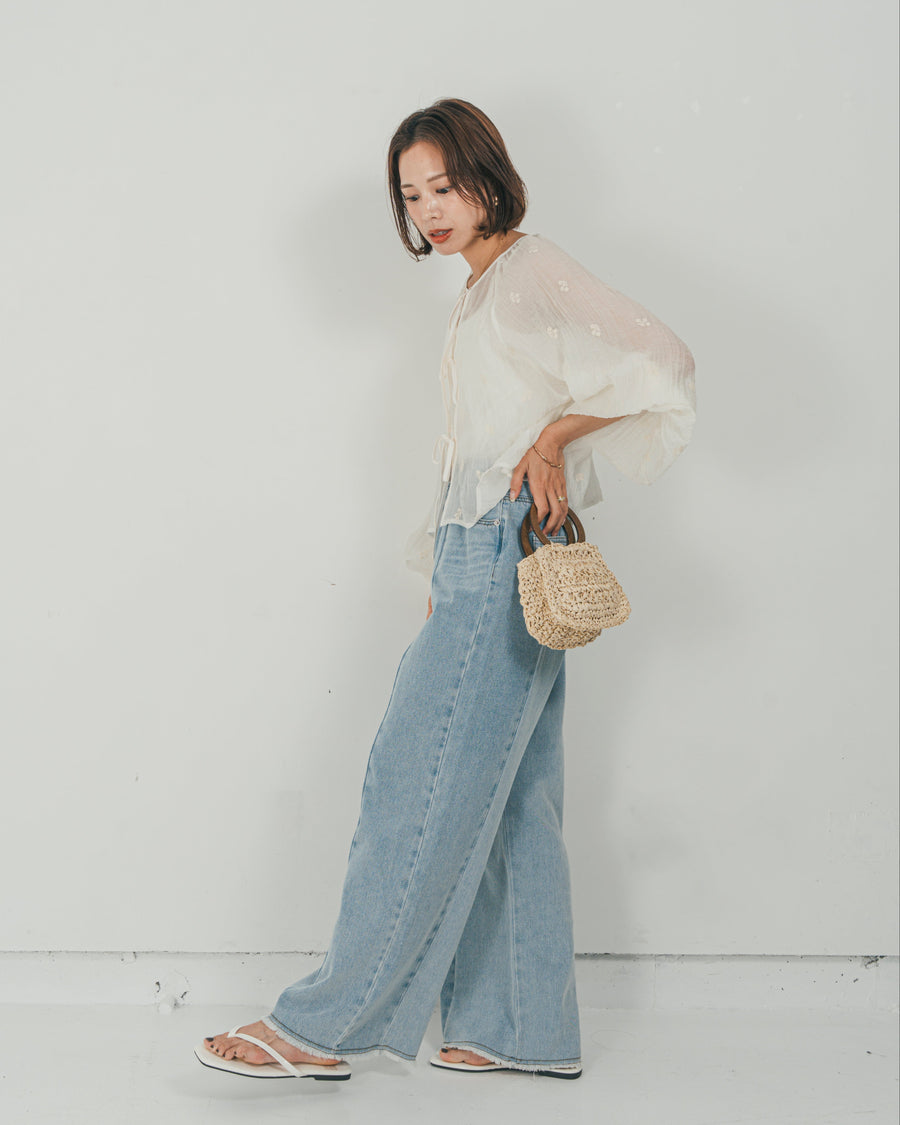 ［SET］フロントリボン刺繍 Veilブラウス + 10oz ニュアンスバイカラー リラックスワイドデニム（2SET）